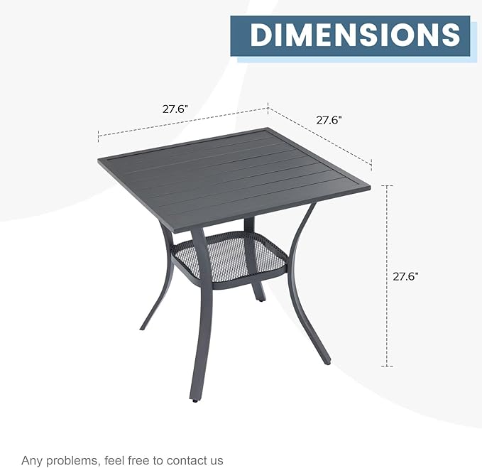 DIFY 27.6" Square Patio Dining Table, Grey Small Outdoor Bistro Table with Rust Resistant Metal Frame, Ideal for Lawn, Backyard and Deck