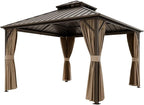 COOS BAY 12x12 Hardtop Gazebo with Aluminum Frame, Galvanized Steel Double Roof Outdoor Pavilion with Netting and Curtains, Dark Brown/Tan