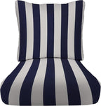 RSH DECOR Deep Seating Cushion with Pillow Back | 24” x 26” x 5" Seat | Water and Fade-Resistant Spun Fabric | Made in USA | Outdoor Chair Cushion Set for Patio Furniture (Navy Blue & White Stripe)