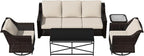 Vista Vibe 5 Pieces Outdoor Rattan Patio Conversation Furniture Set - 78" 3-Seat Sofa | 2 Swivel Glider Rocker Chairs | Wicker End Table | Metal Table, Upholstered Loveseat, Deck (Brown/Beige)