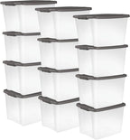 Sterilite 12-Pack 50 Quart ShelfTote, Clear Plastic Storage Organizer Bins with Gray Lids – Stackable Home and Office Containers for Closet or Shelves