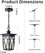 12'' Outdoor Pendant Light Fixture, Exterior Hanging Lantern, Modern Black Metal Outside Chandelier Light Fixture Ceiling Mount with Water Ripple Glass & Adjustable Chain for Porch, Gazebo, Front Door