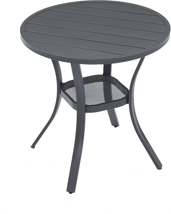 VICLLAX Outdoor Patio Round Dining Table, 28"x 28" Metal Slatted Round Tabletop with Storage Shelf for Deck Lawn Garden Backyard, Dark Grey
