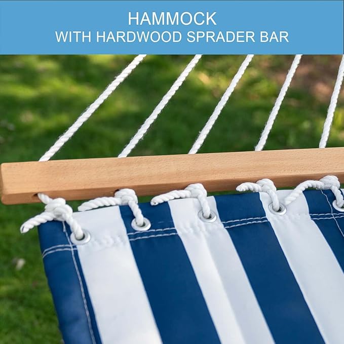 Lazy Daze Hammocks 12FT Quilted Fabric Double Hammock with Spreader Bars and Detachable Pillow, 2 Person, 450lbs Capacity, Blue White