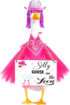 Cowboy Porch Goose Outfit Set for 23" Cement/Plastic Lawn Goose Statue - Silly Goose on The Loose Sign with Hat, Bandana, Lace Tutu Skirt Funny Wigs for Garden Party Yard Outdoor Decor