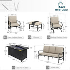 MFSTUDIO 8 Pieces Patio Furniture Sets with 45" Gas Fire Pit Table(Up to 9 Seat), Outdoor Metal Conversation Sofas with 1 x 3-Seat Sofa, 2 Single Chairs, 2 Rocking Chairs and 2 Ottoman, Beige Cushion