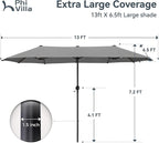 PHI VILLA 13ft Large Patio Umbrellas, Double-Sided Outdoor Market Rectangle Umbrella for Outside, Light Gray