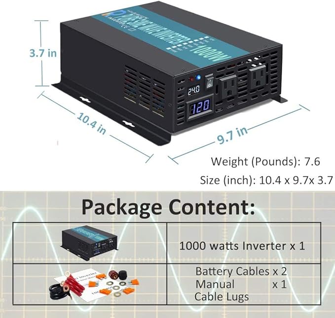 WZRELB 1000W 24V 120V Pure Sine Wave Power Inverter with 2 AC Outlets,Car Inverter
