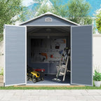 8 x 6 FT Outdoor Storage Shed with Window, Outside Garden Resin Sheds w/Floor and Lockable Doors, Waterproof Plastic Tool House for Backyard, Garden, Patio, Lawn, Bike Accessories, Grey