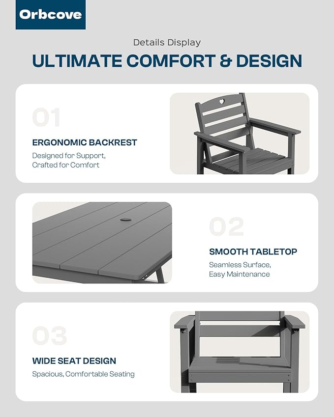 Patio Table and Chairs Set with Umbrella Hole, HDPE Patio Dining Set for 6, Outdoor Dining Set for Lawn, Patio, Porch, Deck, Poolside, Yard (Grey, 7-Piece)