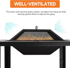 30-Inch Square Fire Pit Table, Wood Burning Fireplace/Firepit with Marble Tile Tabletop, Mesh Lid, Fire Grate, Poker and Nylon Cover