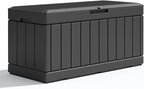 Patiolife 85 Gallon Resin Deck Box, Wood Like Outdoor Storage Box for Garden Tools, Pool Supplies, Waterproof and Lockable, Black