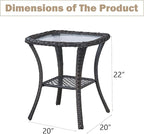 Outdoor Side Table, Brown Rattan Wicker Patio Side Table, Patio End Table, Small Outdoor Side Table with Glass Tabletop and Storage Shelf (Brown)