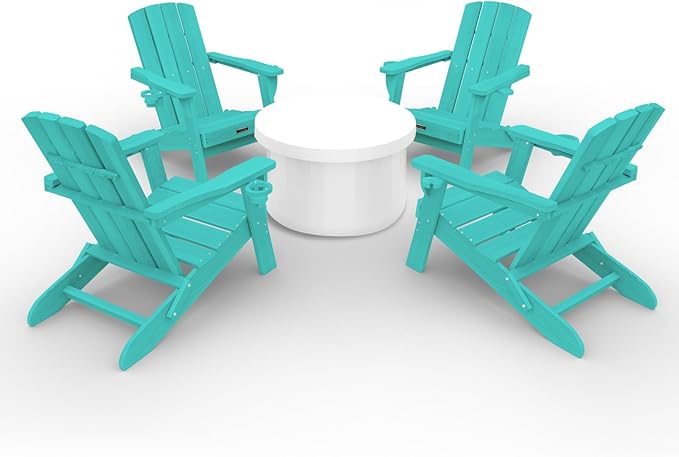 Folding Adirondack Chair Wood Texture 4 Pack, HDPE All-Weather Fire Pit Chairs, Plastic Adirondack Chairs with 2 Cup Holder, Outdoor Lawn Chair for Patio Garden (Lake Blue)