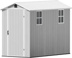 Greesum 4x8FT Plastic Outdoor Storage Shed with Floor, Resin Storaged Sheds with Lockable Door, Window & Vent, All-Weather Tool Sheds for Garden, Backyard, Patio, Light Gray (One-Piece Panel)