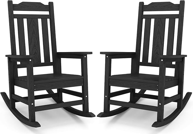 SERWALL Black Outdoor Rocking Chair Set of 2, All Weather Patio Rocking Chair, HDPE Poly Rocking Chair for Adults, Heavy Duty Front Porch Rocker