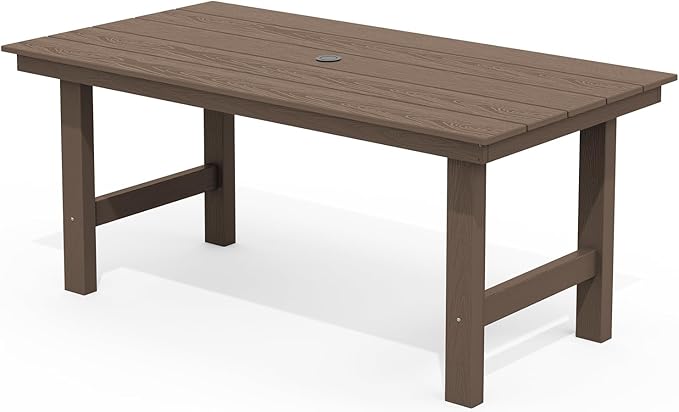SERWALL 6-Person Outdoor Dining Table - 67" Rectangle HDPE Patio Table with Center Umbrella Hole, Weatherproof, Coffee