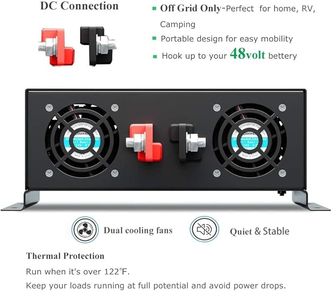 WZRELB 2000W 48V 120V Pure Sine Wave Power Inverter with 2 AC Outlets,Car Inverter