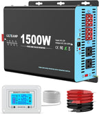 1500W Pure Sine Wave Inverter with Transfer Switch, 12V DC to 120V AC Converter with 2AC Outlets, USB Port, Type-C Port, Remote Controller, Power Inverter for RV, Outdoor, Auto Swtich to Shore Power