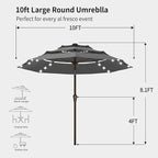 Kingdura 10ft 3-Tier Patio Umbrella with Solar Lights, Table Umbrella Outdoor Patio with Easy Crank & Tilt, 8 Sturdy Ribs, UV Protection, 32 LED Lights for Deck, Poolside, Market (Grey)
