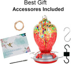 WOSIBO Hummingbird Feeder for Outdoors Patio Large 32 Ounces Colorful Hand Blown Glass Hummingbird Feeder with Ant Moat Hanging Hook, Rope, Brush and Service Card (Red-Sunrise)