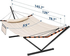TegerDeger 12FT 2 Person Hammock with Stand Included 55 x 79IN Large Hammock 450LB Capacity with Hardwood Spreader Bar & Nylon Rope for Outside, Patio, Garden, Backyard, Beach, Poolside - Beige