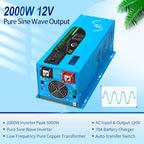 2000W DC 12V Peak 6000W Pure Sine Wave Inverter Charger Upgrade, AC 120V with 70A Battery AC Charger LCD Display Remote Control, Low Frequency Inverter, for RV, Camper, Home