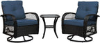 Patio Furniture Set Swivel Rocker, Outdoor Patio Chairs, 3 Piece Suit Porch Furniture Rocking Set, Backyard and Garden Rocker Rattan Chair, with Thickened Cushions and Glass Coffee Table(Navy)