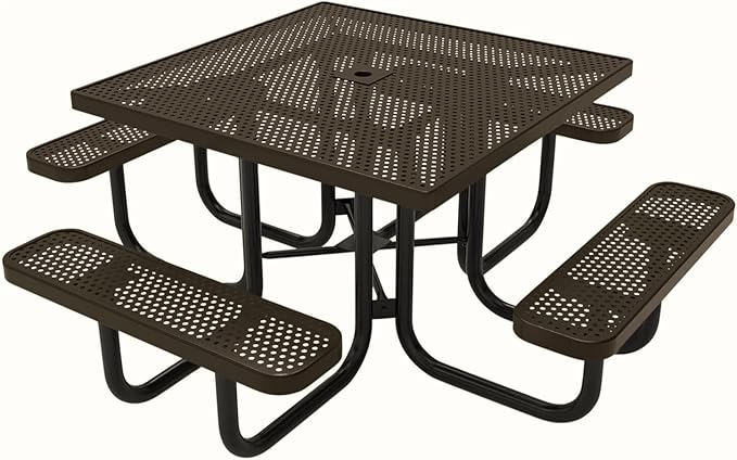 COATEDOUTDOORFURNITURE Heavy-Duty Portable Outdoor Picnic Table with Umbrella Hole, Punched Steel Commercial-Grade Patio Dining Furniture Made in America (46" Square Top, Textured Brown)
