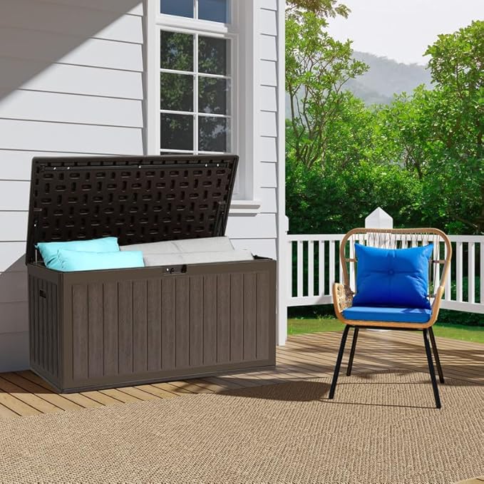 YITAHOME 90 Gallon Large Deck Box, Double-Wall Resin Outdoor Storage Boxes, Deck Storage for Patio Furniture, Cushions, Pool Float, Garden Tools, Lockable & Waterproof (Brown)