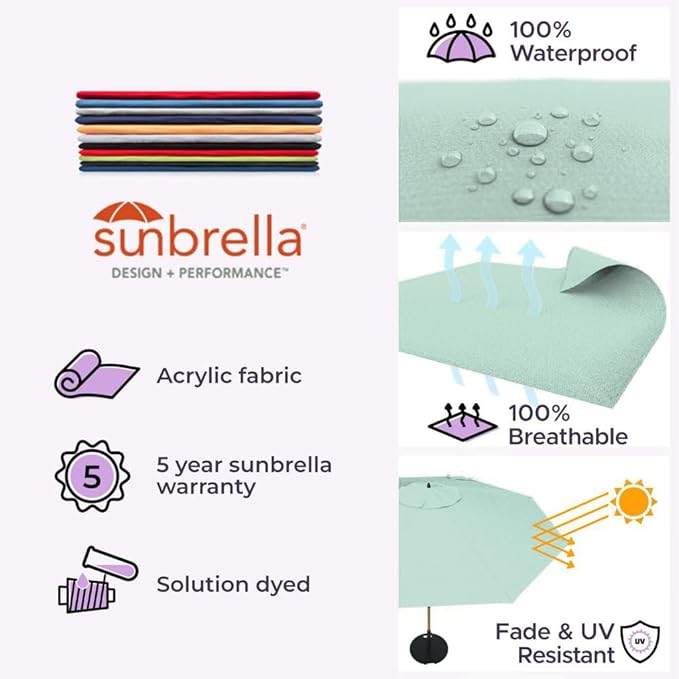 Midtown Umbrellas The Wooden 9 Feet Patio Umbrella With Sunbrella Canvas Glacier Acrylic Fabric - Aluminum Frame Market Umbrella For Backyard, Deck, Garden, Pool - Wooden Pole