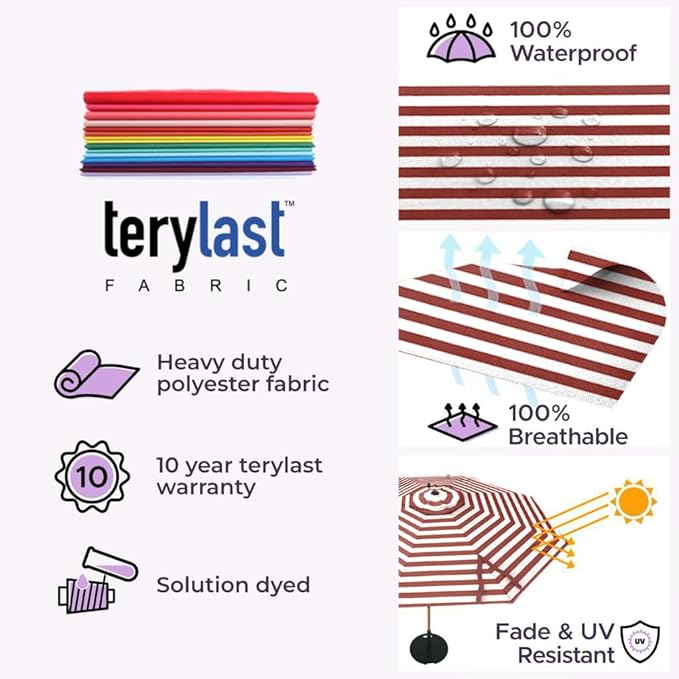 Midtown Umbrellas The Wooden 8 Feet Patio Umbrella With Terylast Red Stripes (Red/White Stripes) Polyester Fabric - Aluminum Frame Market Umbrella For Backyard, Deck, Garden, Pool - Wooden Pole