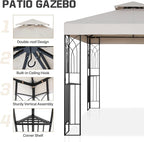 COOS BAY 8x8 Outdoor Patio Gazebo with Corner Shelves, Two-Tier Soft Top Canopy for Backyard, Lawn, Deck and Garden, Beige