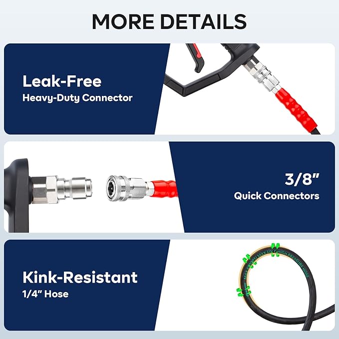 3/8" Pressure Washer Hose 25FT 4800PSI, with M22 14 mm to 3/8 Inch Quick Connect, Kink Resistant Industry Grade Steel Wire Braided Synthetic Rubber Jacket with 2 M22 14mm Adapter Set