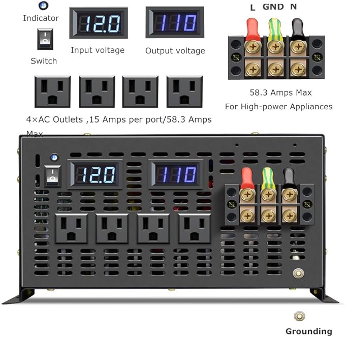 WZRELB Pure Sine Wave 7000W (14000W Surge) 12V Power Inverter DC to AC Power - Solar, RV (RBP-700012)