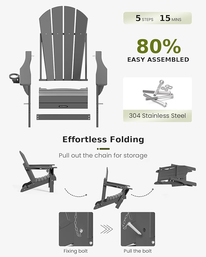 MUCHENGHY Folding Adirondack Chairs, Patio Chairs, Lawn Chairs, Outdoor Chair, Adirondack Chair Plastic, Fire Pit, Weather Resistant with Cup Holder for Deck, Backyard, Garden(Gray)