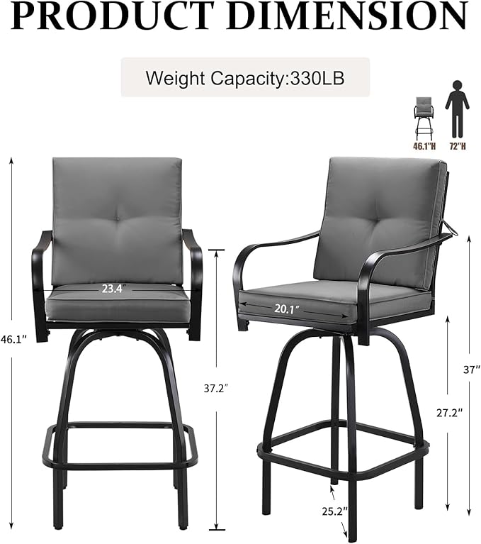 Patio Swivel Bar Stools, Outdoor High Back Swivel Bar Chair Set of 4 with Cushion & All Weather Steel Frame for Backyard, Lawn, Poolside and Balcony, Dark Gray
