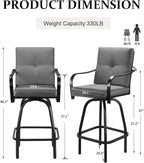 Patio Swivel Bar Stools, Outdoor High Back Swivel Bar Stool Chair Set of 2 with Cushion & All Weather Steel Frame, Dark Gray