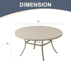 VICLLAX 60" Outdoor Round Patio Dining Table for 8-10, All Weather Metal Dining Table with Umbrella Hole for Deck Lawn Garden Backyard, Sandshell