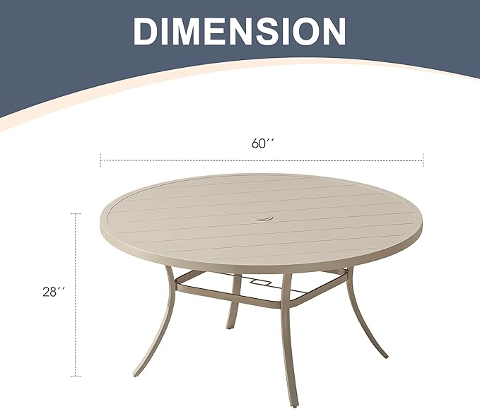 VICLLAX 60" Outdoor Round Patio Dining Table for 8-10, All Weather Metal Dining Table with Umbrella Hole for Deck Lawn Garden Backyard, Sandshell