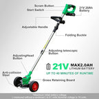 21V Cordless Grass Trimmer, Electric String Weed Wacker with 2.0Ah Lithium Battery, Telescopic Handle, 40 Min Runtime, 18000 RPM, Low Noise 92dB (Green)