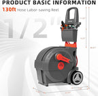 Hand-Crank Garden Hose Reel 1/2" x 130ft, Heavy Duty Garden Water Hose Reel, Removable, Any Length Lock, Hand Crank Effortless Rewind System, 4-Pattern Nozzle