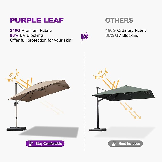 PURPLE LEAF 9' X 11.5' Patio Umbrella, Rectangle Outdoor Cantilever Umbrella, Aluminum Offset Umbrella with Champagne Frame and 360° Rotation for Pool Deck Garden, Taupe