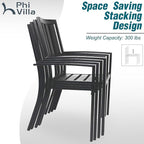PHI VILLA 7 Piece Outdoor Dining Set for 6, 64" Metal Steel Dining Table with Umbrella Hole & Black Stacking Dining Chairs for Patio, Yard, Porch, Deck