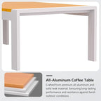 Aluminum Outdoor Coffee Table - White Rectangle Patio Tables with Teak Top for Deck, and Poolside