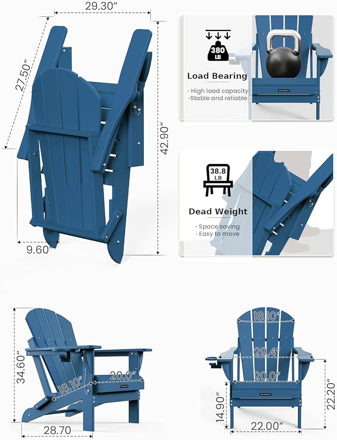 MUCHENGHY Folding Adirondack Chairs and Table Set, Outdoor Chair, Adirondack Chair Plastic, Fire Pit Chair, Weather Resistant with Cup Holder for Deck, Backyard, Garden(Navy Blue, 3-Piece)