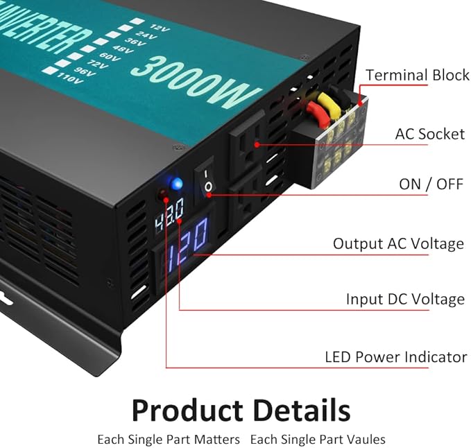 WZRELB 3000W 48V (42V-60V) 120V Pure Sine Wave Power Inverter with 2 AC Outlets,Car Inverter (RBP-300048), Black
