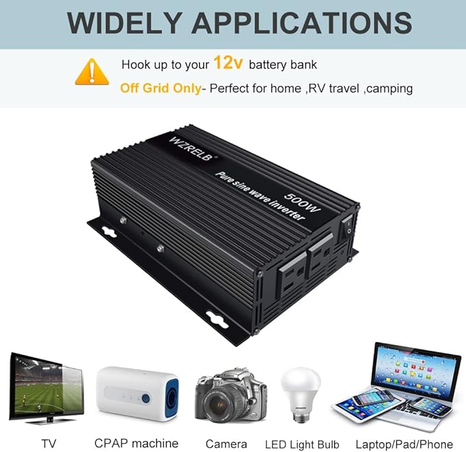 WZRELB 500W Pure Sine Wave Inverter 12VDC to 120VAC Solar Power Converter Truck RV Home LCD Display