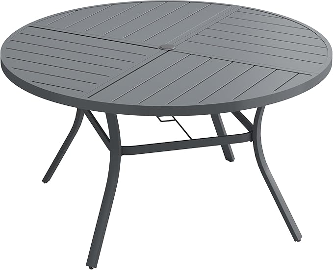 DIFY 59.8" Round Outdoor Patio Dining Table for 8-10, All-Weather Metal Steel Slatted Patio Table with 1.57" Adjustable Umbrella Hole, for Lawn Garden Porch Backyard, Grey