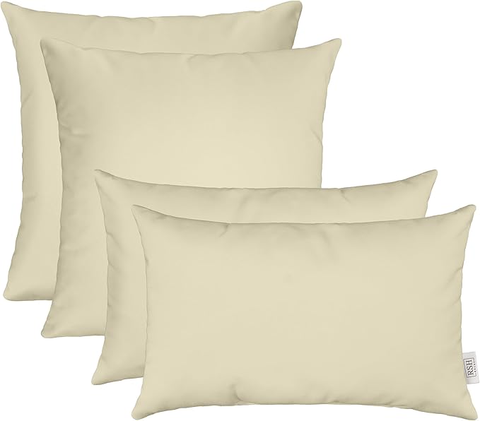 RSH DECOR: Sunbrella Lumbar & Square Pillows Set of 4 | 20" x 12" & 17" x 17" | Water and Fade-Resistant Performance Fabric | Outdoor Throw Pillows for Patio Furniture | Canvas Antique Beige
